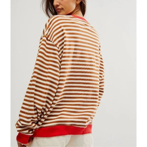 Free People We The Free Classic Striped Oversized Crewneck / Coffee Combo - Picture 3 of 9